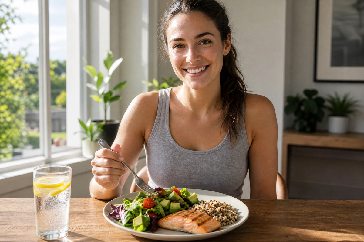 Femme souriante mangeant un repas équilibré et sans sucre.