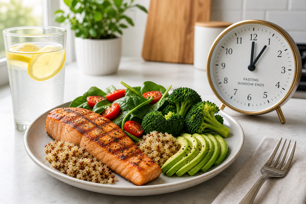 Assiette équilibrée avec saumon, avocat et horloge indiquant le jeûne intermittent.