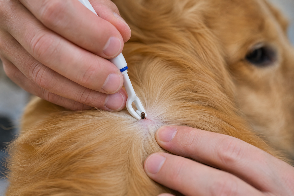 Une personne utilisant un tire-tique pour enlever une tique de la peau d'un chien.