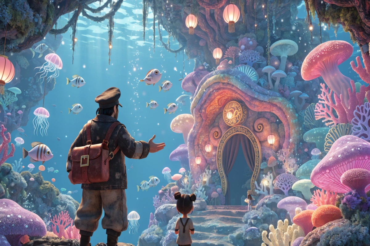 Un capitaine devant un restaurant au fond de l'océan avec une petite fille