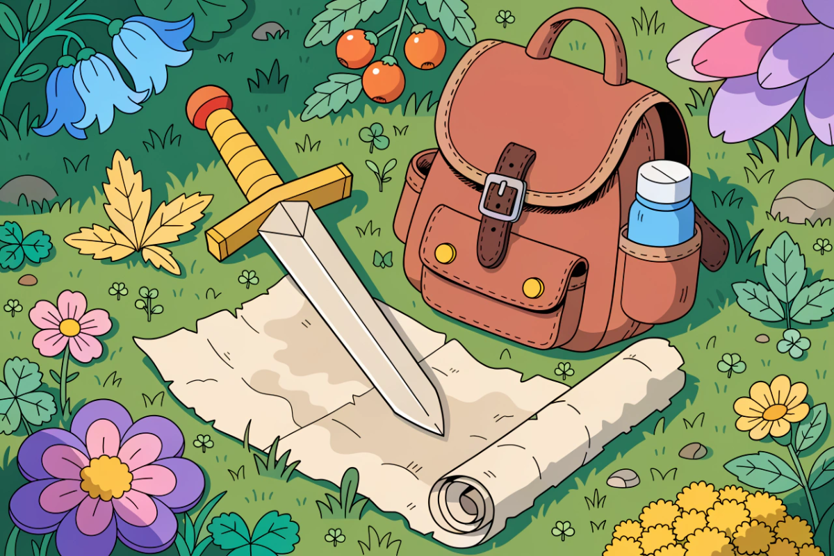 Un sac d'aventurier, d'une épée en bois et d'une carte posés dans l'herbe