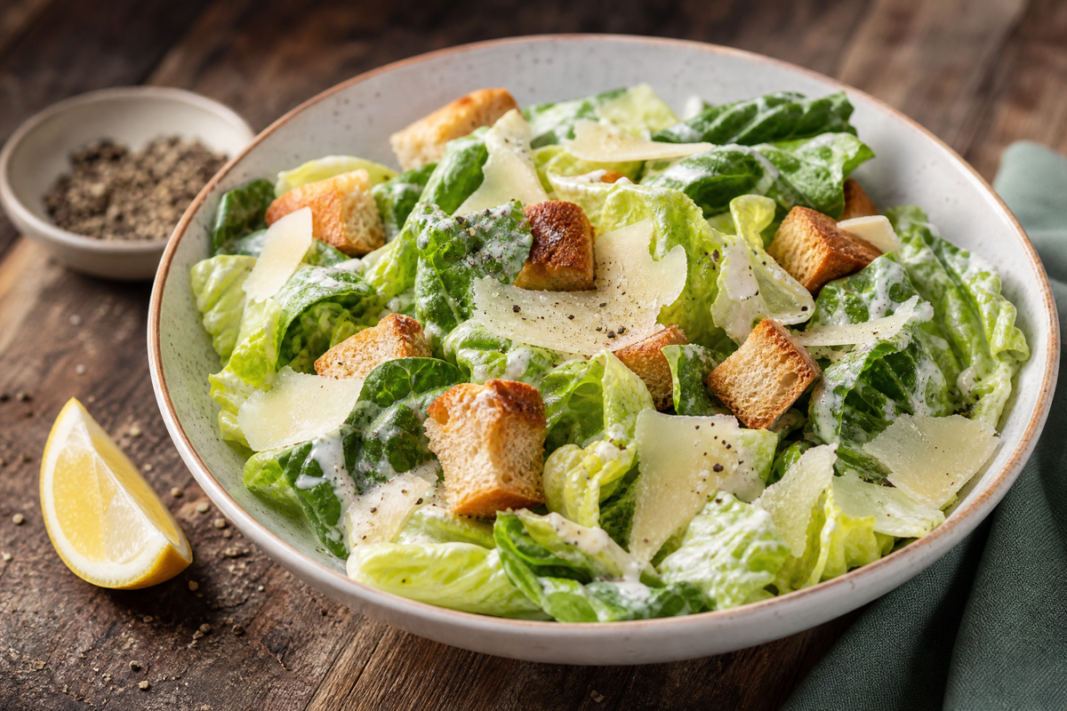 Une salade César fraîche dans un bol blanc avec de la laitue romaine, des croûtons doré.