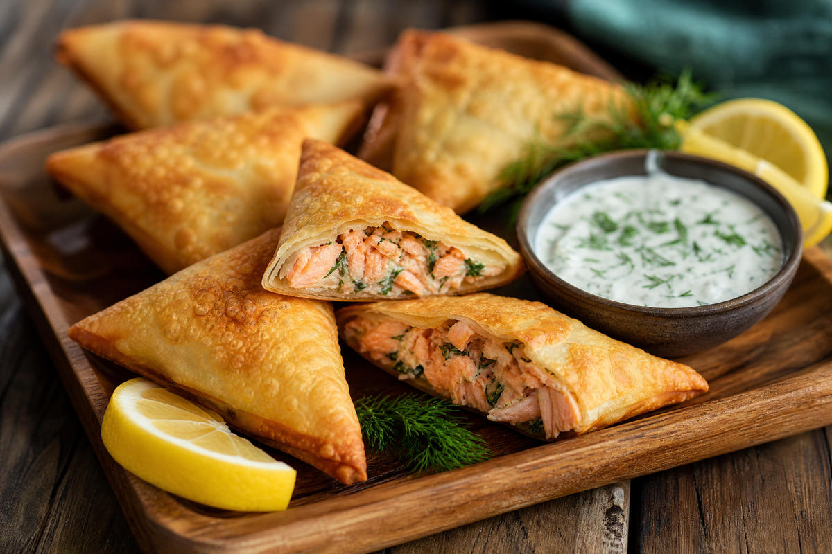 Samoussas croustillants au saumon, citron et sauce crème. 