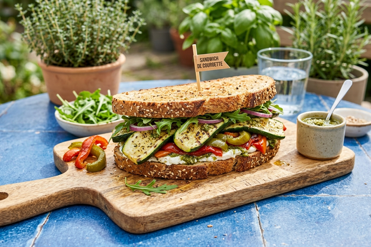  Un sandwich végétarien gourmand au levain sur une planche en bois, avec des courgettes grillées. 
