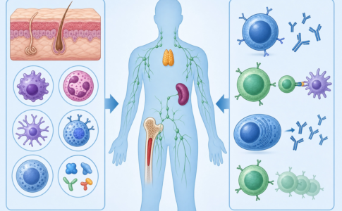 Schéma médical du corps humain montrant les organes et les cellules du système immunitaire.