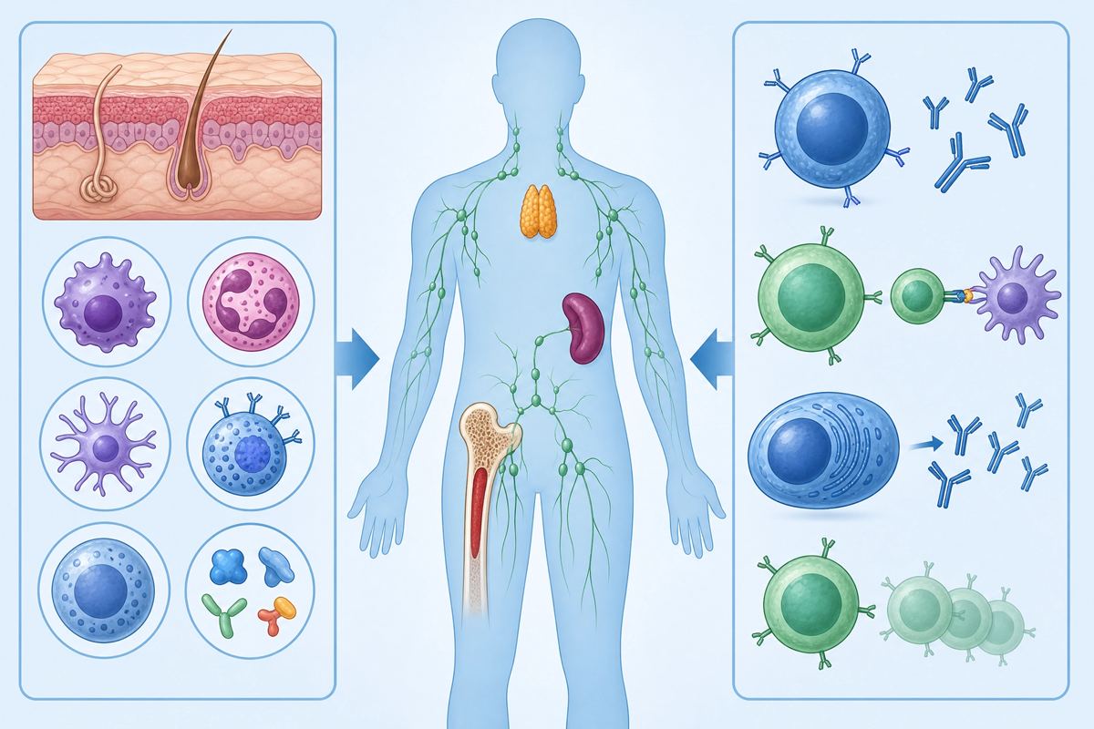 Schéma médical du corps humain montrant les organes et les cellules du système immunitaire.