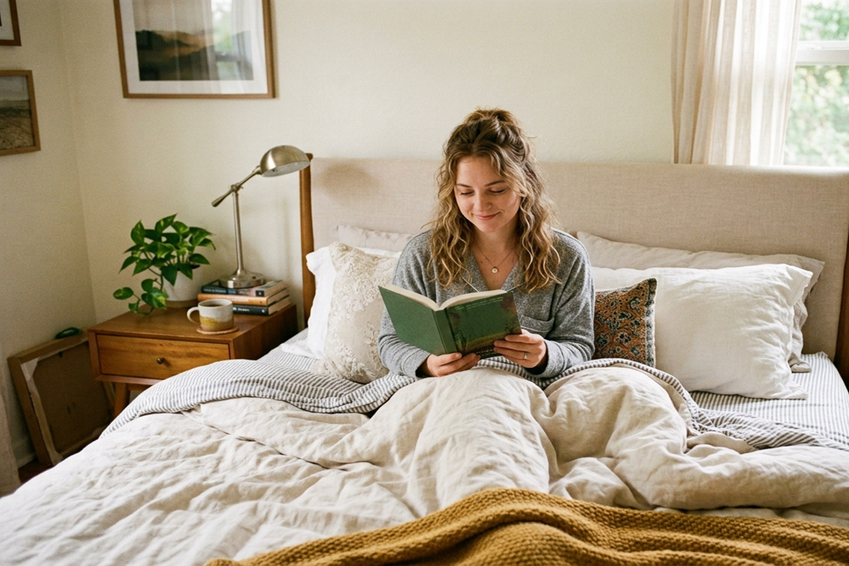 Femme lisant un livre au lit pour se reposer calmement.