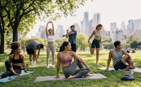 Un groupe de personnes en tenue de sport s'étire sur des tapis de yoga dans un parc arboré en ville.