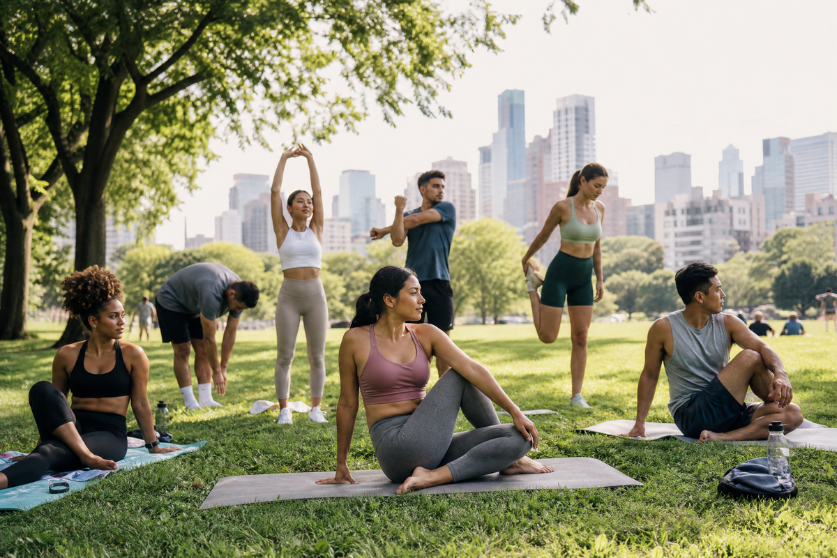 Un groupe de personnes en tenue de sport s'étire sur des tapis de yoga dans un parc arboré en ville.