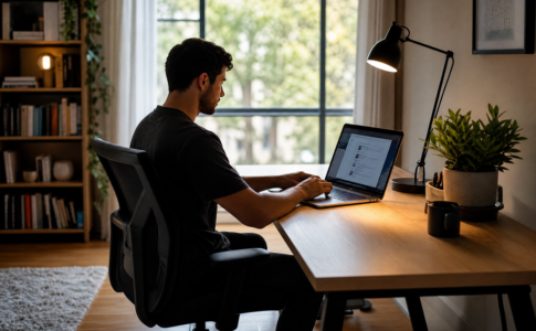 Une personne assise devant son bureau en train de travailler toute la journée.