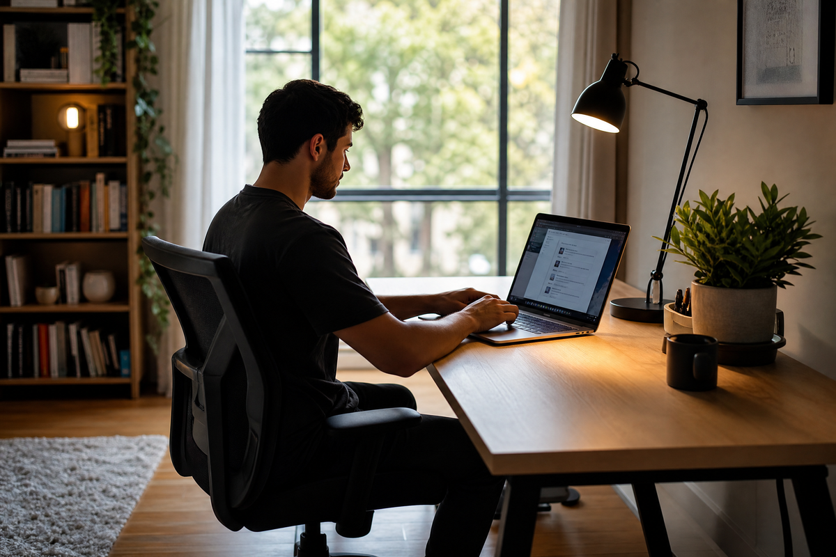 Une personne assise devant son bureau en train de travailler toute la journée.
