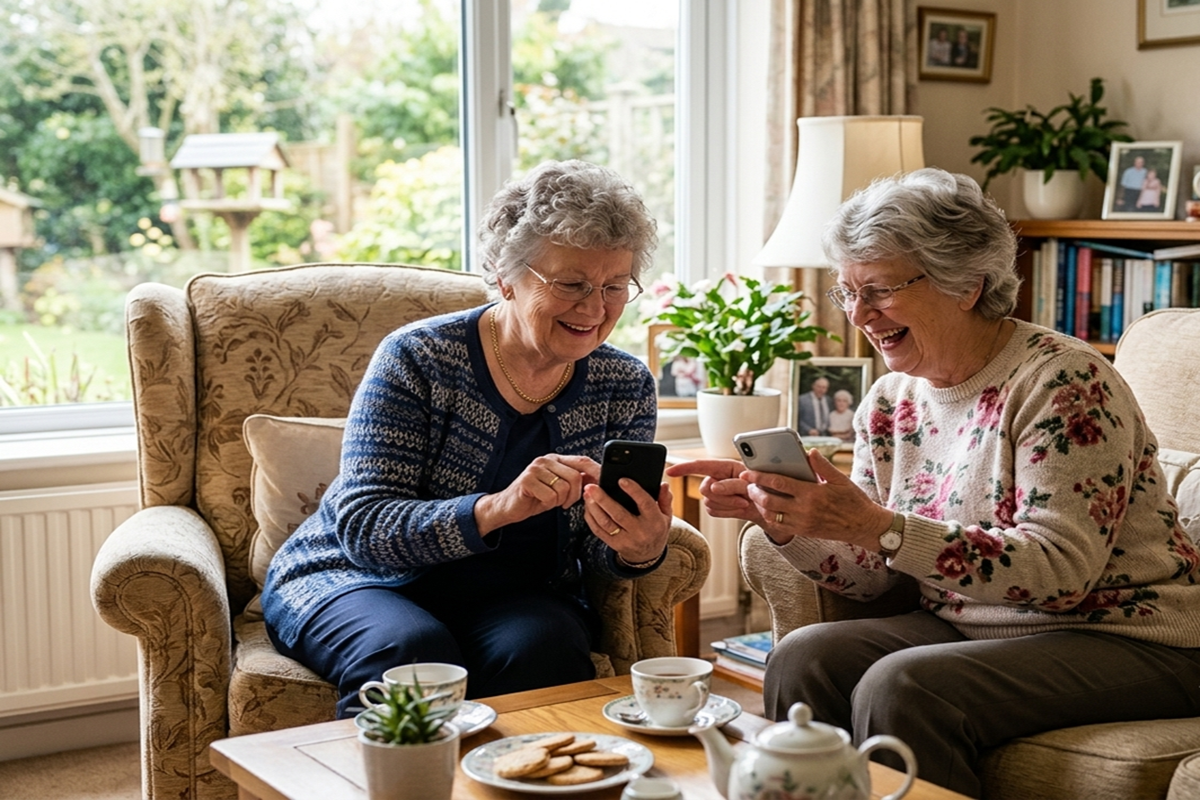 Deux seniors souriant devant leurs smartphones.