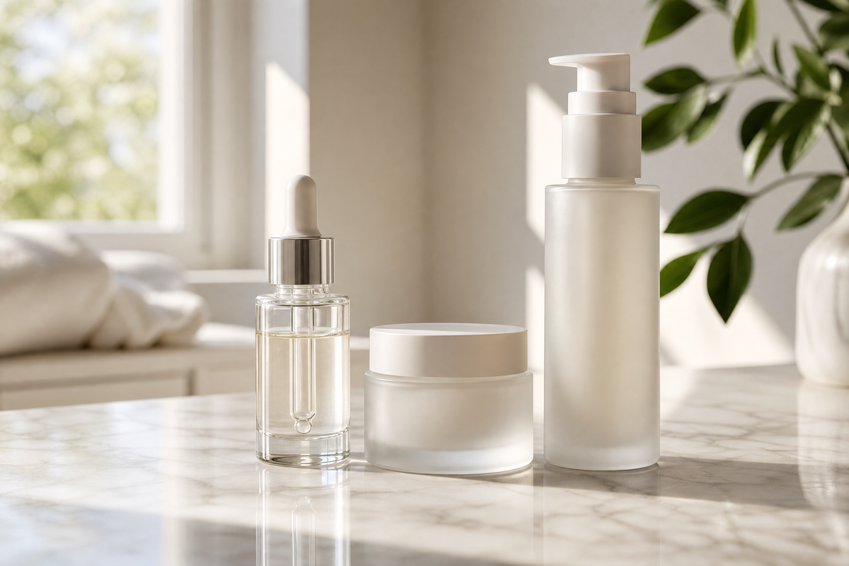 Trois produits de soin pour le visage.