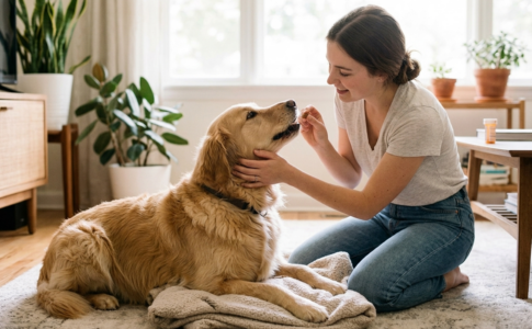 Une femme donne une friandise à son Golden Retriever dans un salon.