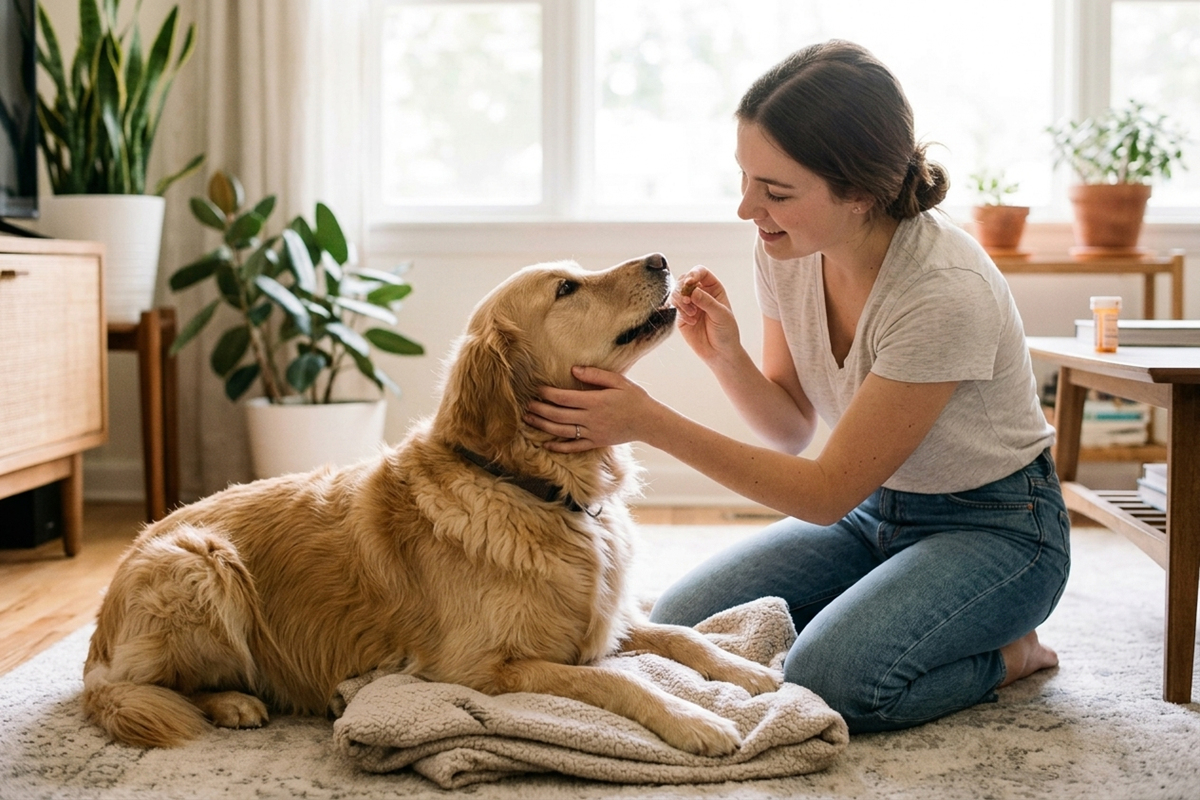 Une femme donne une friandise à son Golden Retriever dans un salon.