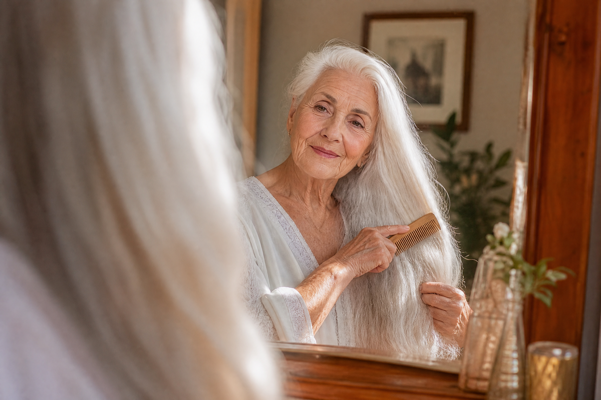 Une femme senior se brosse les cheveux longs et blancs devant son miroir. 
