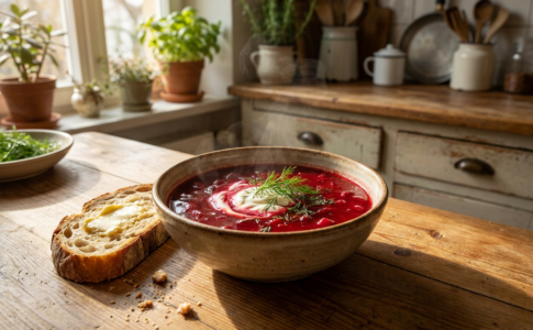 Un bol de soupe de betteraves bien chaude à la couleur pourpre intense.