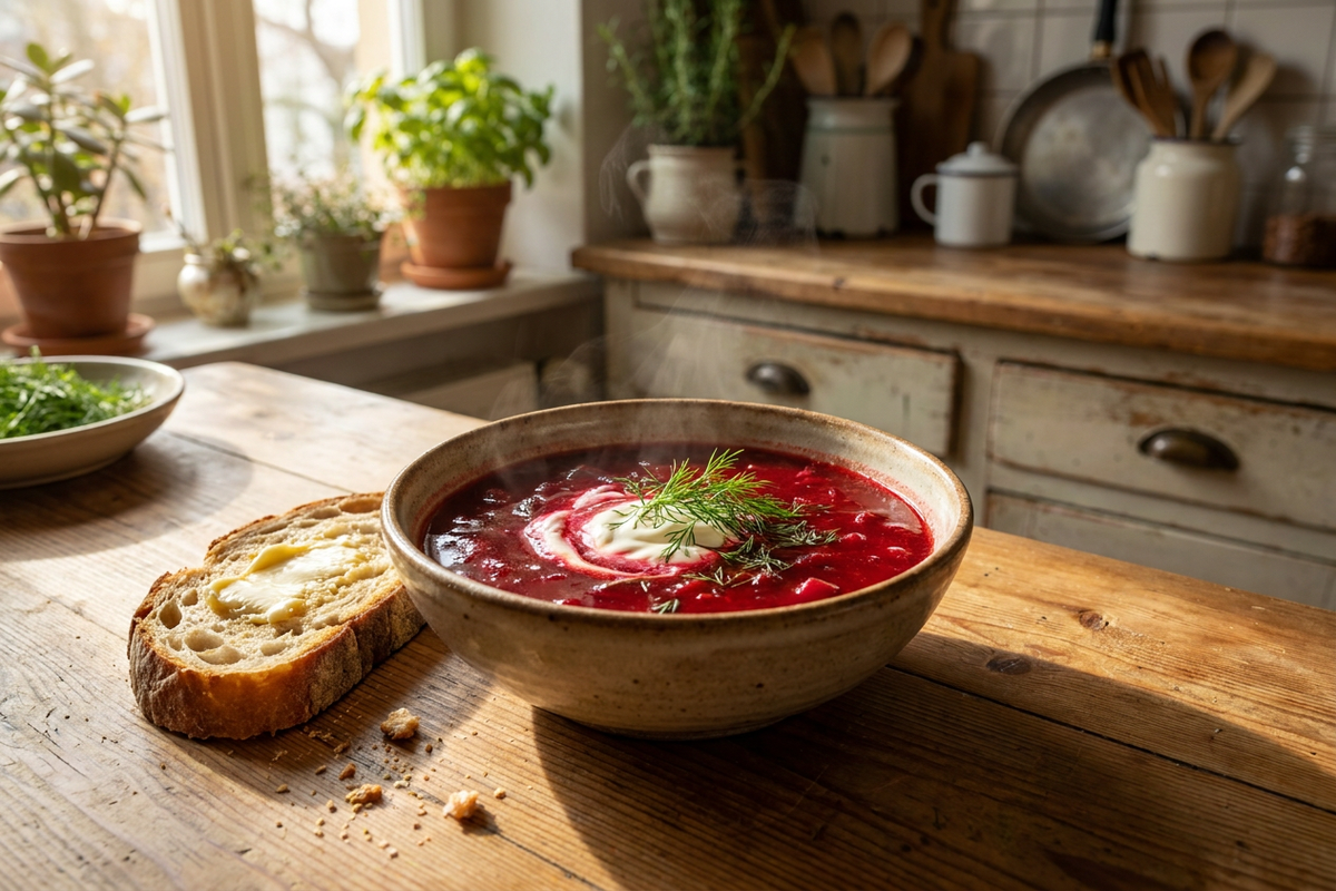 Un bol de soupe de betteraves bien chaude à la couleur pourpre intense.
