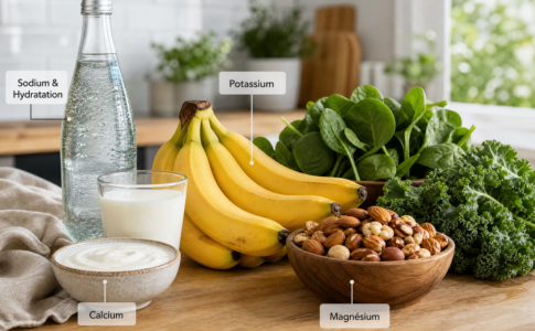 Des aliments riches en électrolytes avec des étiquettes nutritionnelles. 