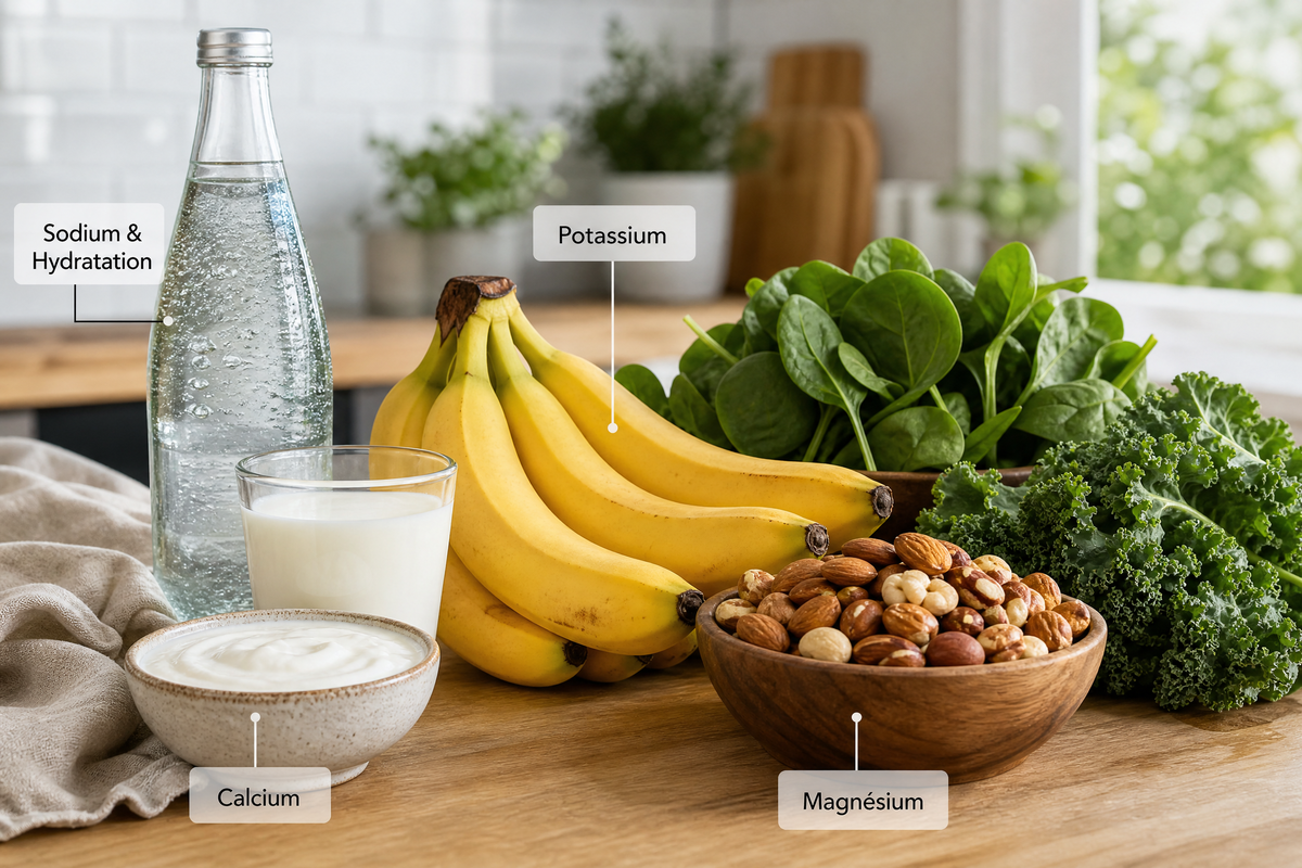 Des aliments riches en électrolytes avec des étiquettes nutritionnelles. 