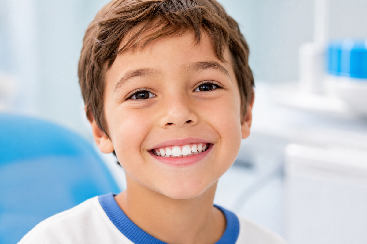 Un jeune garçon souriant avec des dents blanches et saines dans un cabinet dentaire.