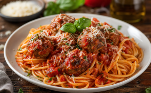 Une assiette de spaghettis aux boulettes de viande nappée de sauce tomate et saupoudrée de parmesan.