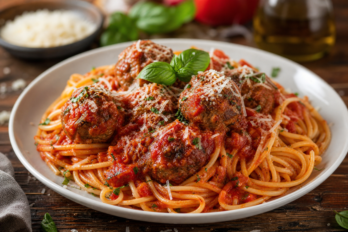 Une assiette de spaghettis aux boulettes de viande nappée de sauce tomate et saupoudrée de parmesan.