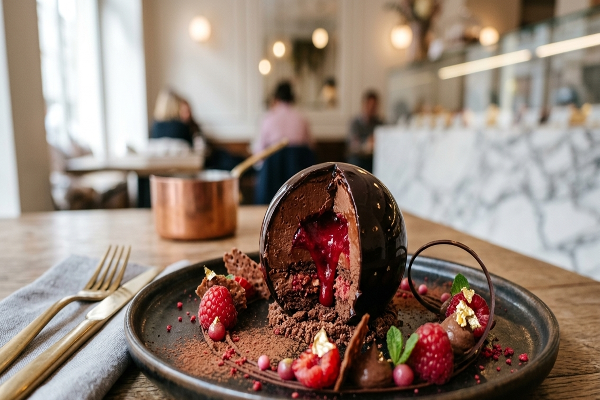 Dessert Sphère en chocolat miroir ouverte avec coulis framboise coulant sur un lit de crumble et framboises fraîches.