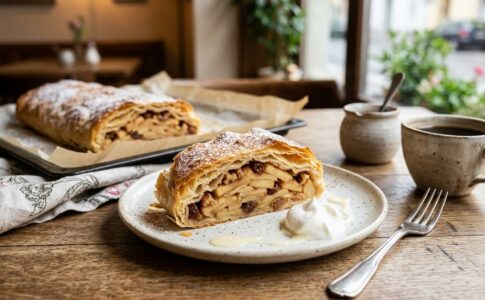 Une tranche d’Apfelstrudel autrichien aux pommes et aux raisins, servie sur une assiette dans un café.