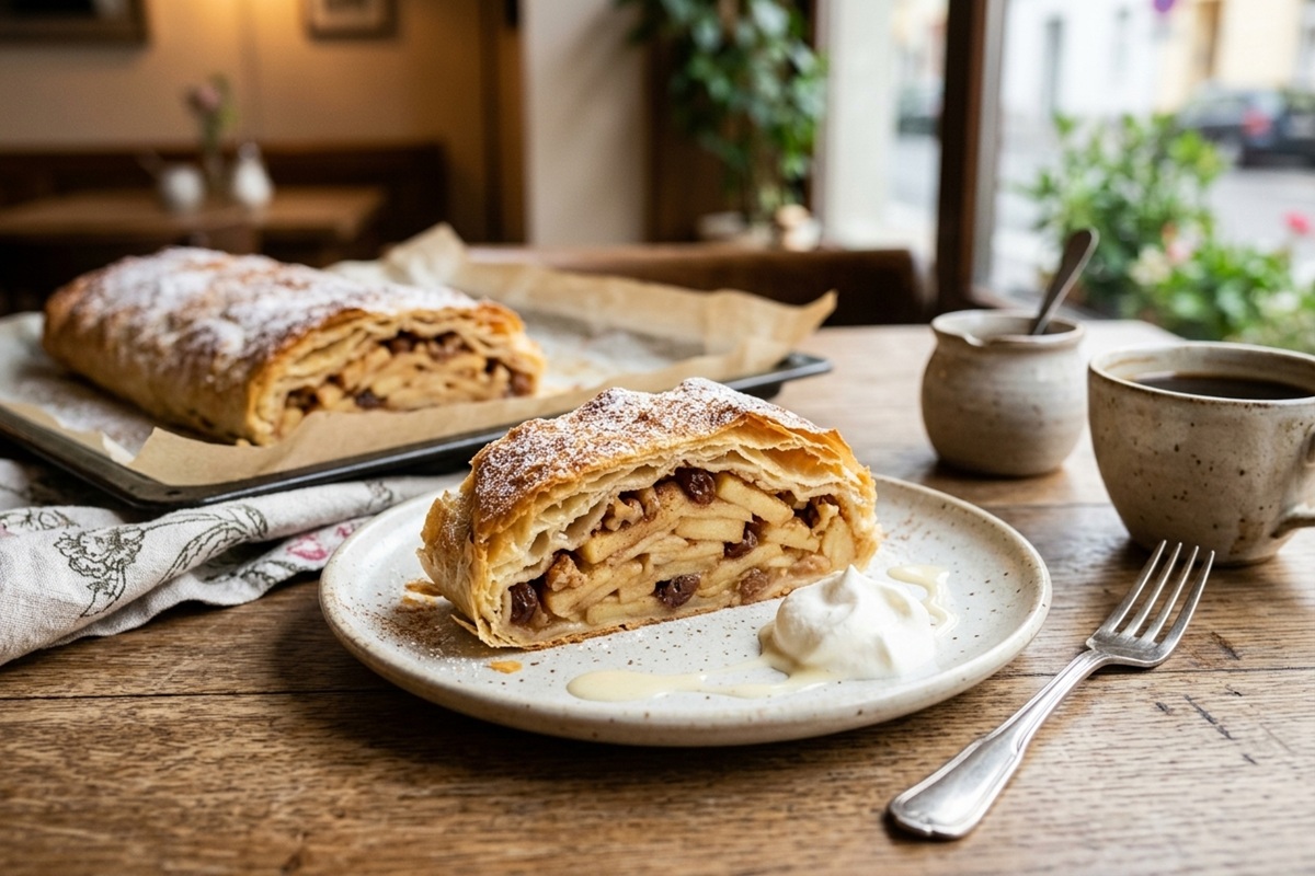 Une tranche d’Apfelstrudel autrichien aux pommes et aux raisins, servie sur une assiette dans un café. 
