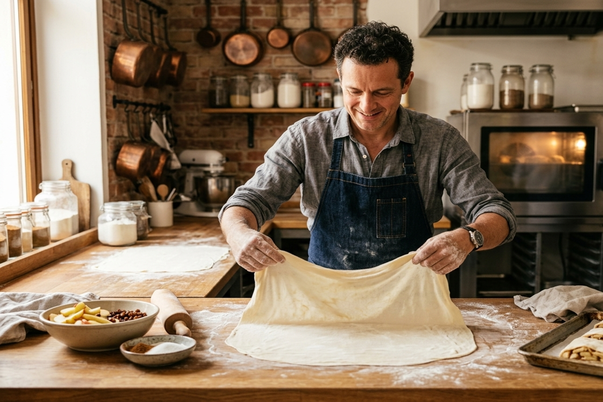 Boulanger étirant la pâte fine pour préparer un strudel aux pommes artisanal.