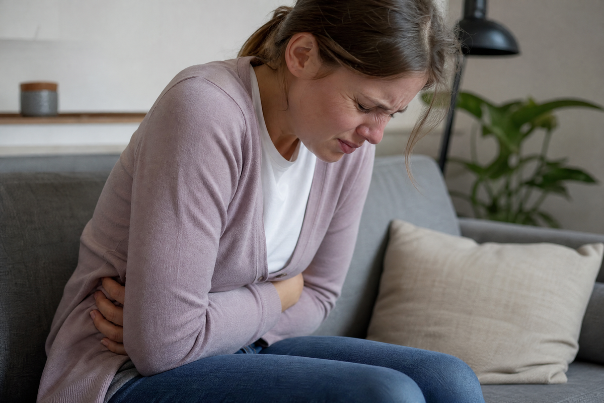 Une femme se tenant le ventre de douleur sur son canapé.