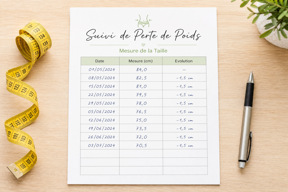 Fiche de suivi de perte de poids avec ruban métrique et stylo sur un bureau.