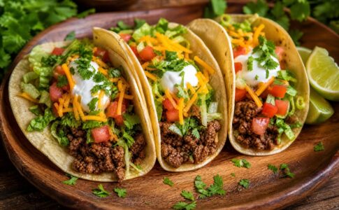 Trois tacos garnis de viande hachée, tomates, salade, fromage râpé et crème sur un plateau en bois.