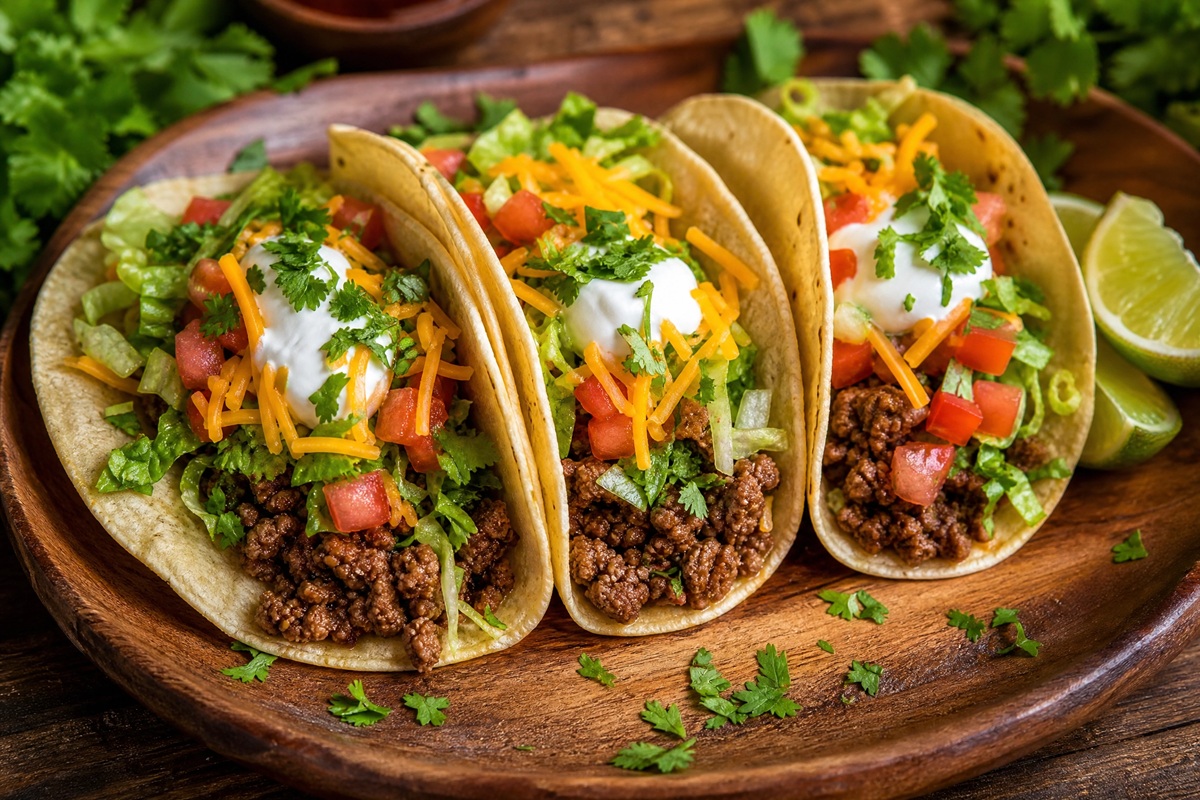 Trois tacos garnis de viande hachée, tomates, salade, fromage râpé et crème sur un plateau en bois.