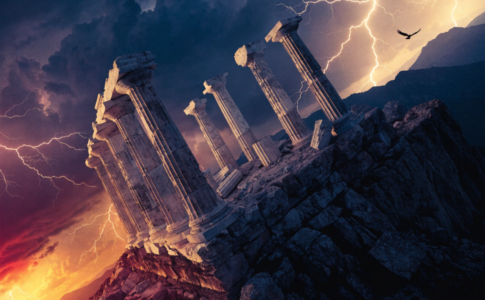 Un temple grec en ruines sous un ciel d'orage évoquant la mythologie