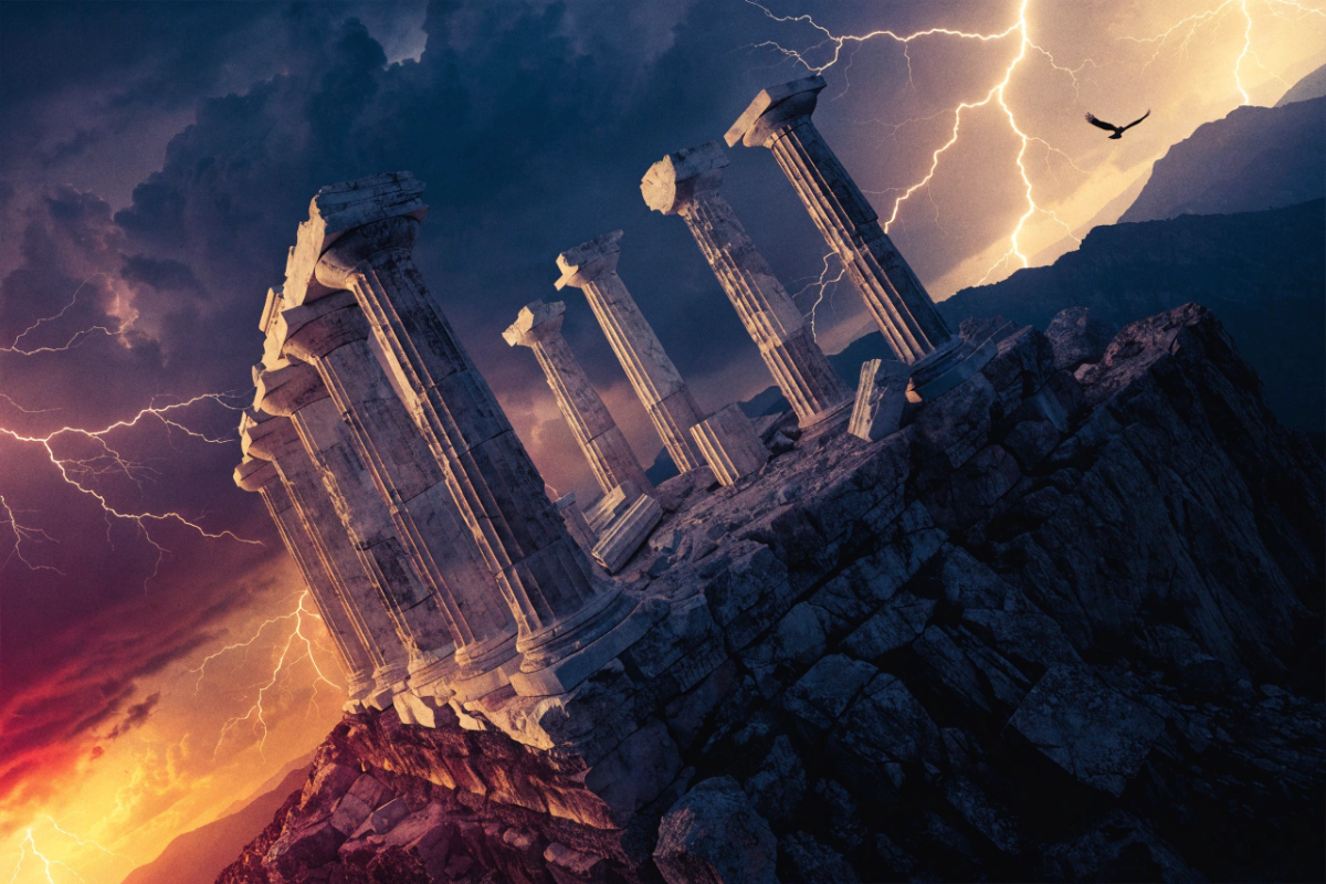 Un temple grec en ruines sous un ciel d'orage évoquant la mythologie