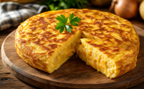 Une tortilla de patatas espagnole dorée et baveuse, coupée en parts sur une planche en bois.