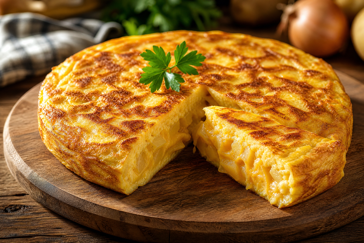Une tortilla de patatas espagnole dorée et baveuse, coupée en parts sur une planche en bois.