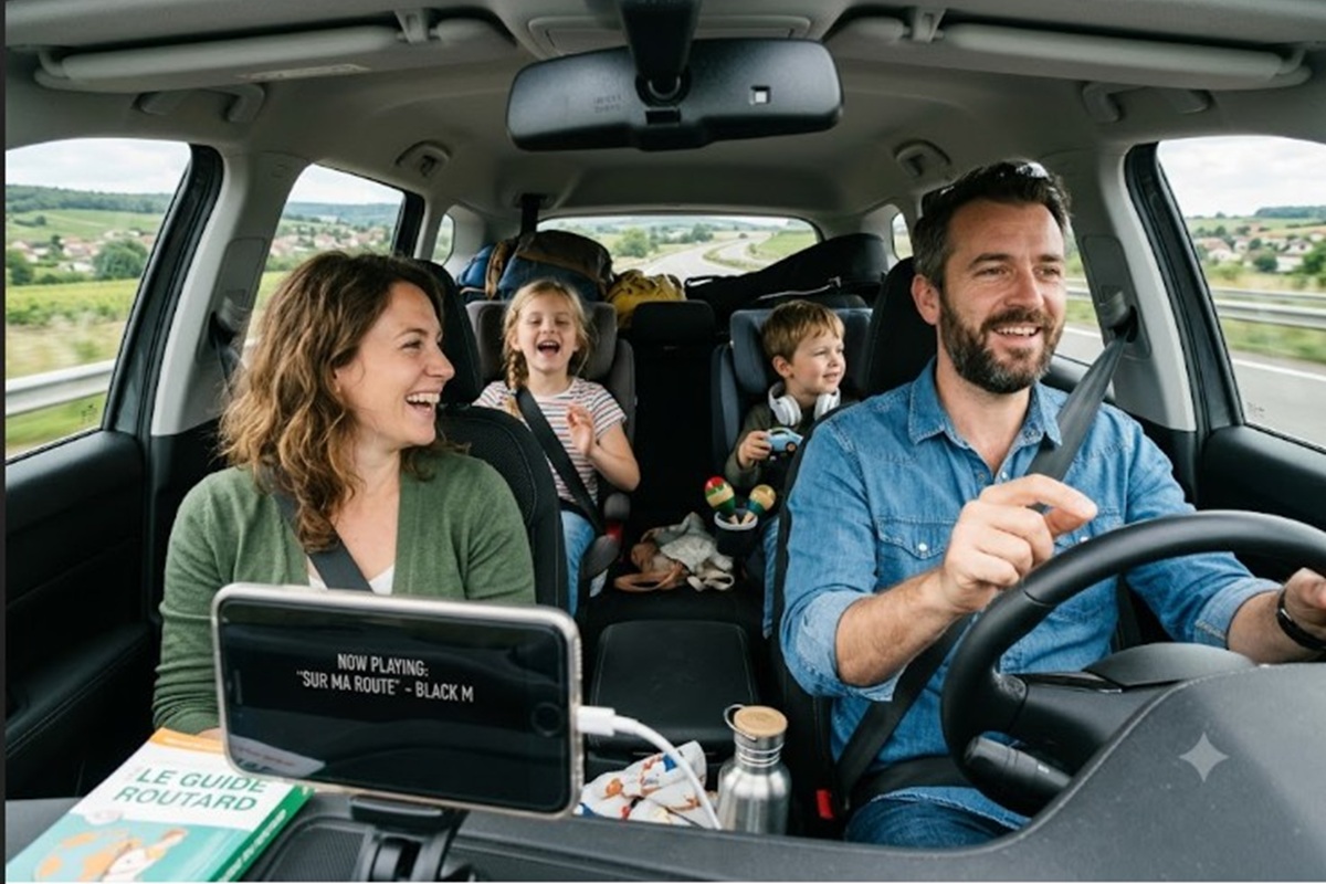 Une famille écoutant de la musique en voiture