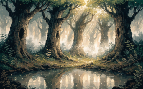 Une forêt enchantée aux tons chauds et mystérieux