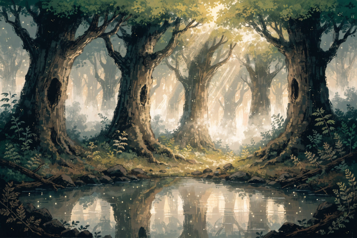 Une forêt enchantée aux tons chauds et mystérieux