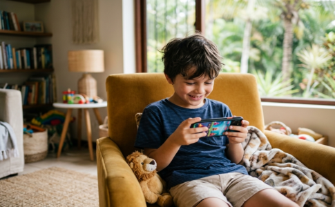 Enfant souriant utilisant une application IA sur smartphone.