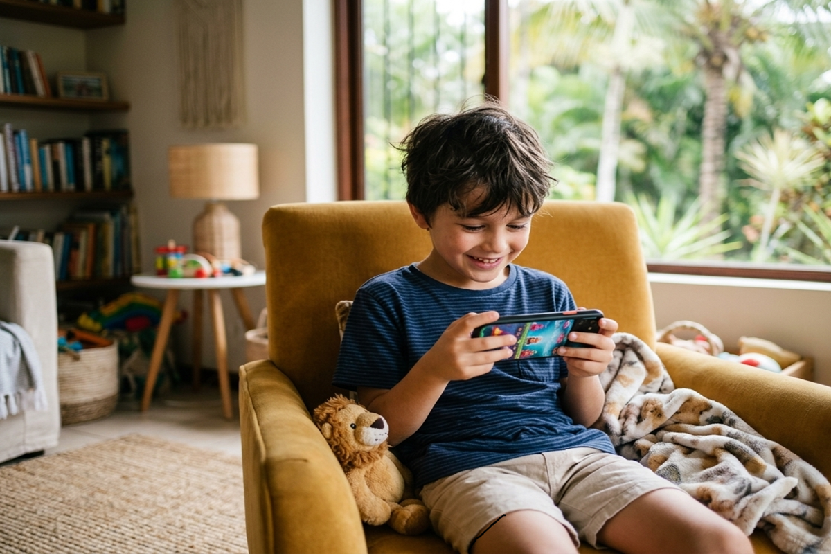 Enfant souriant utilisant une application IA sur smartphone.