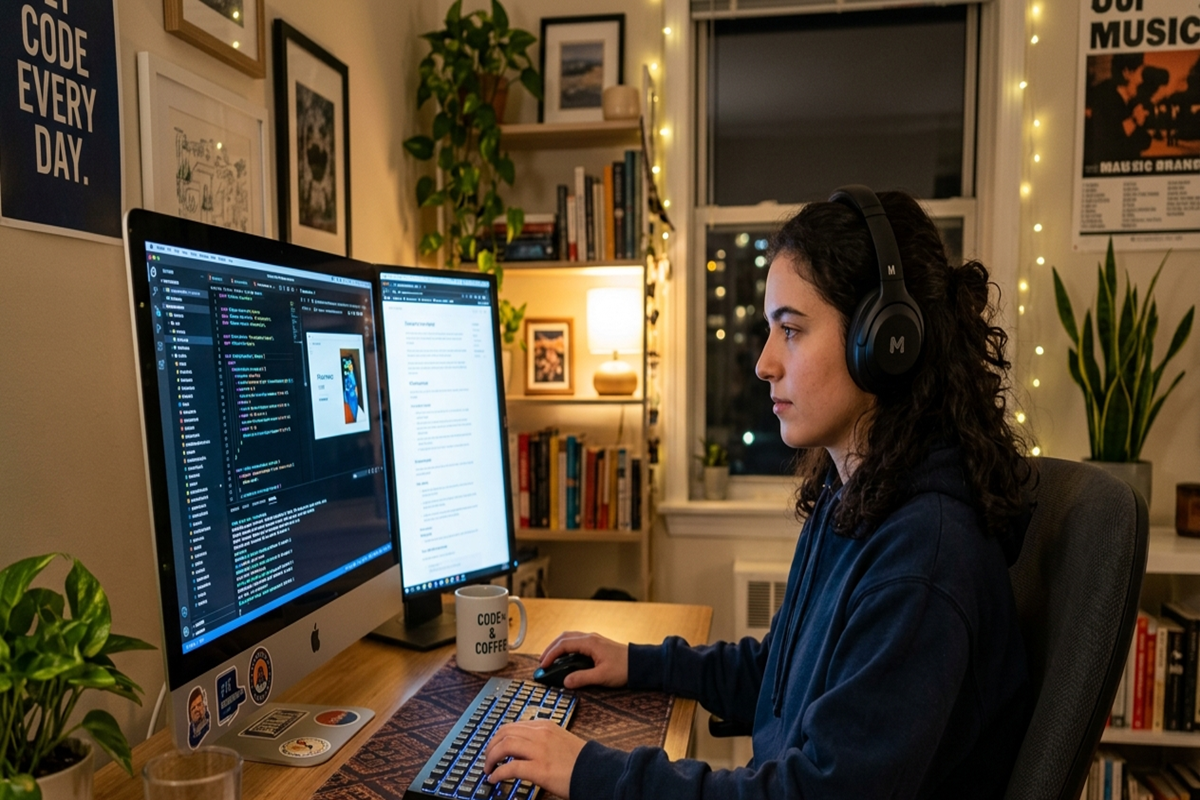 Ados avec casque travaillant sur ordinateur et code informatique.