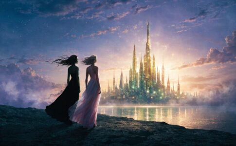 Deux silhouettes en robe noire et rose face à une cité scintillante au crépuscule