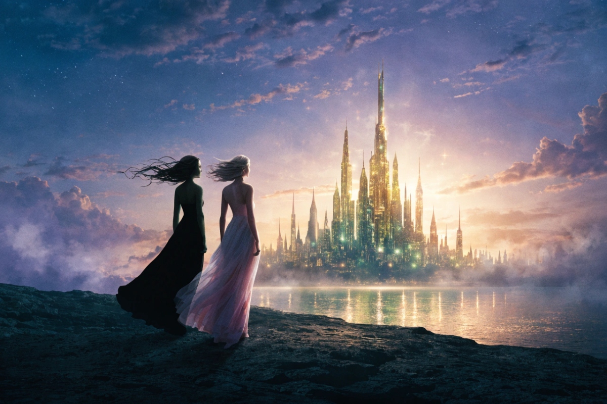 Deux silhouettes en robe noire et rose face à une cité scintillante au crépuscule