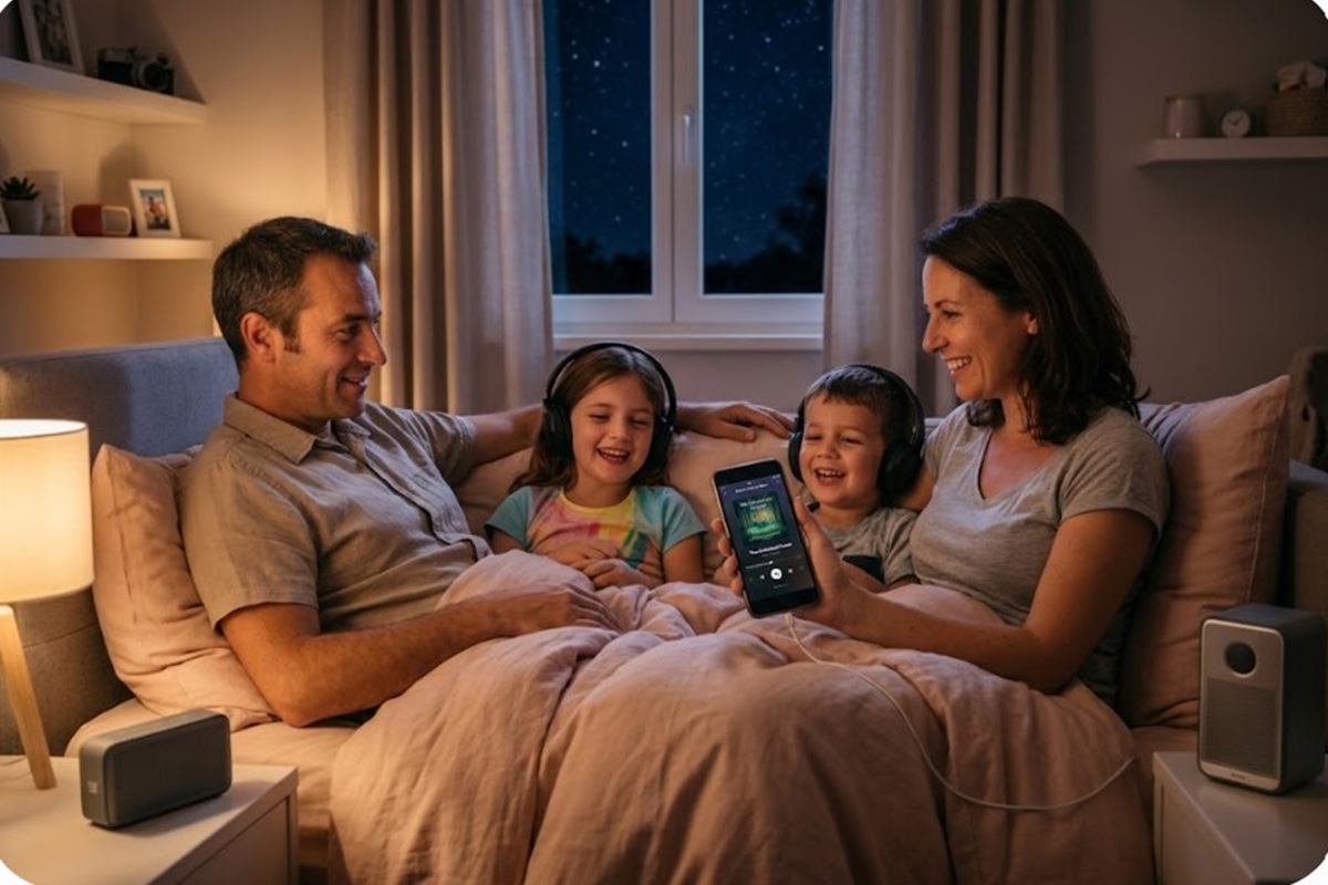 Une famille partageant une expérience audio