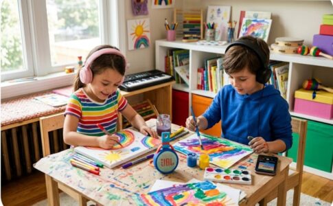 Deux enfants dessinant en écoutant de la musique