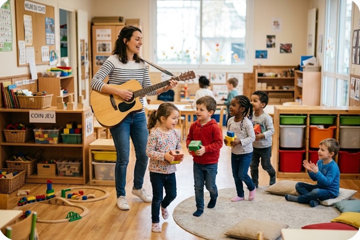 Des enfants en train de ranger en écoutant de la musique
